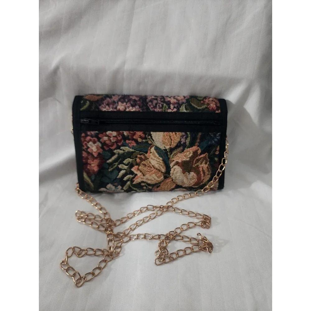 Danny K Beverly Hills Floral Tapestry Wallet Crossbody Bag Gold Chain Strap